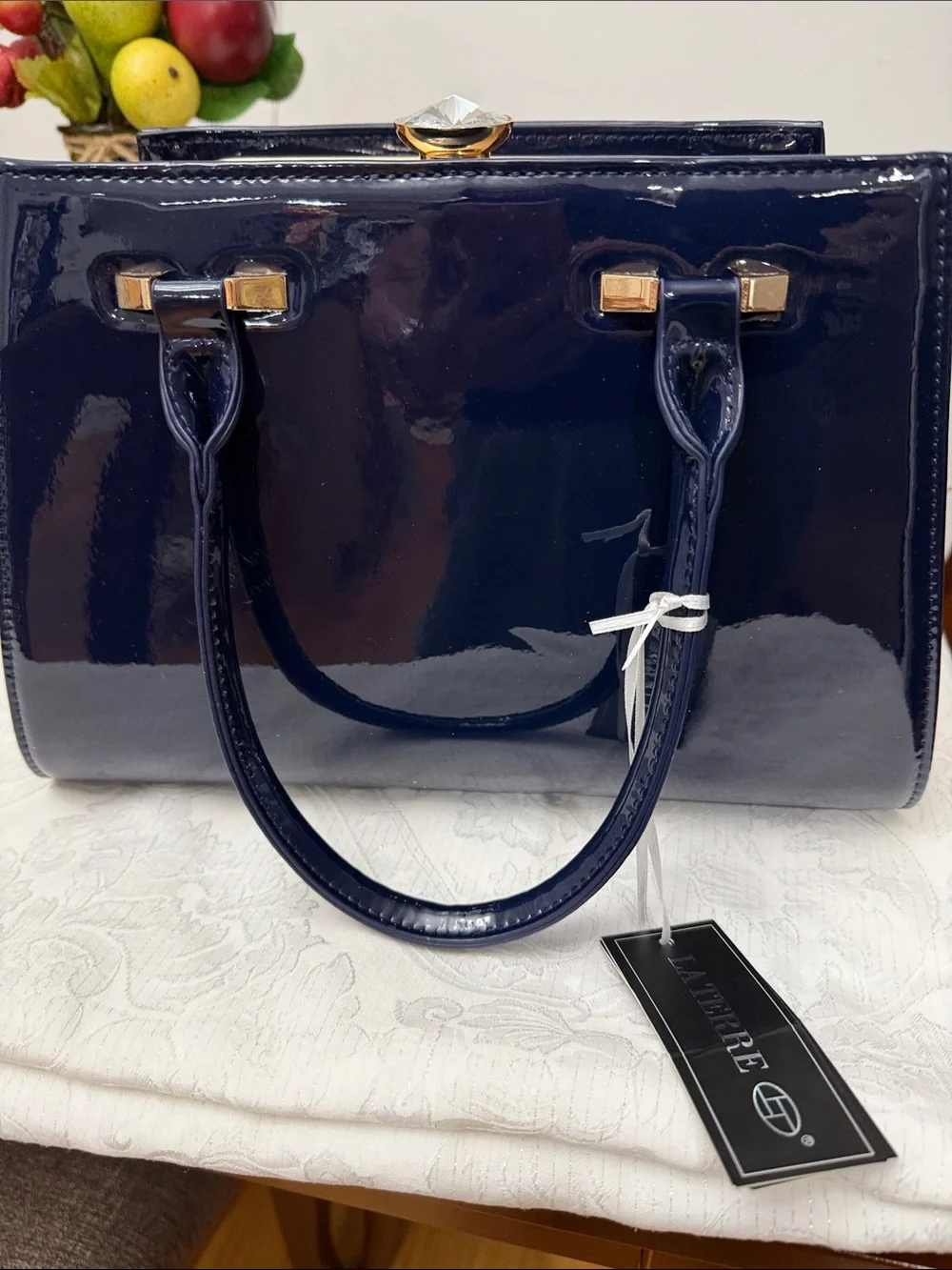 Navy Patent Top-Handle Satchel